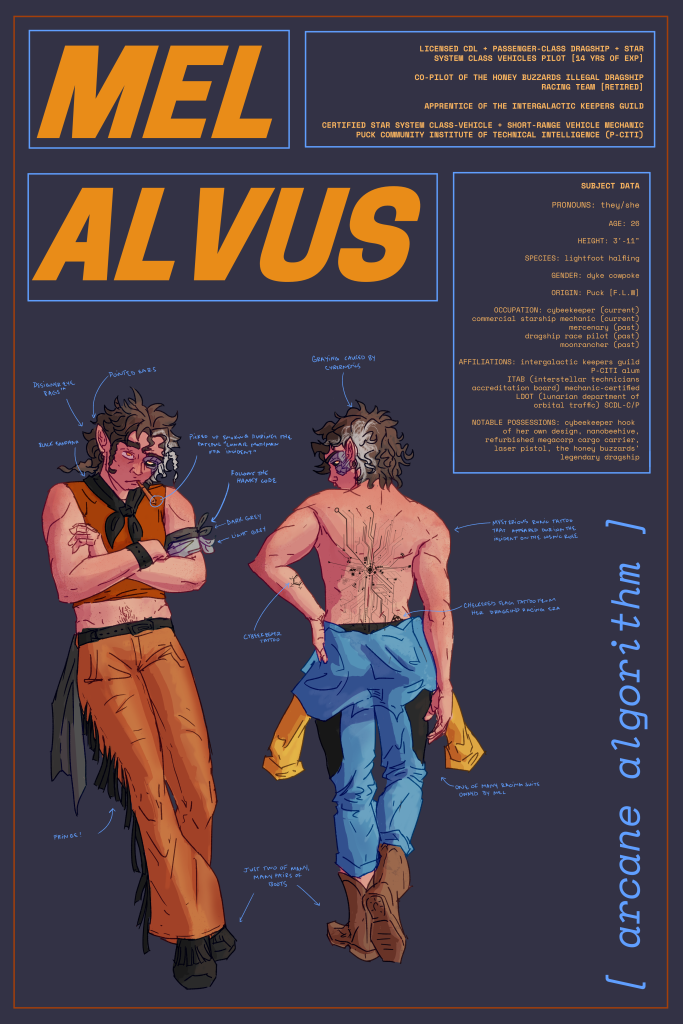 A cyberpunk-style character poster of a muscular halfling. There are two fullbody drawings of the character, Mel Alvus, in a cowboy outfit and a racing suit. There is a large, runic tattoo on Mel's back.